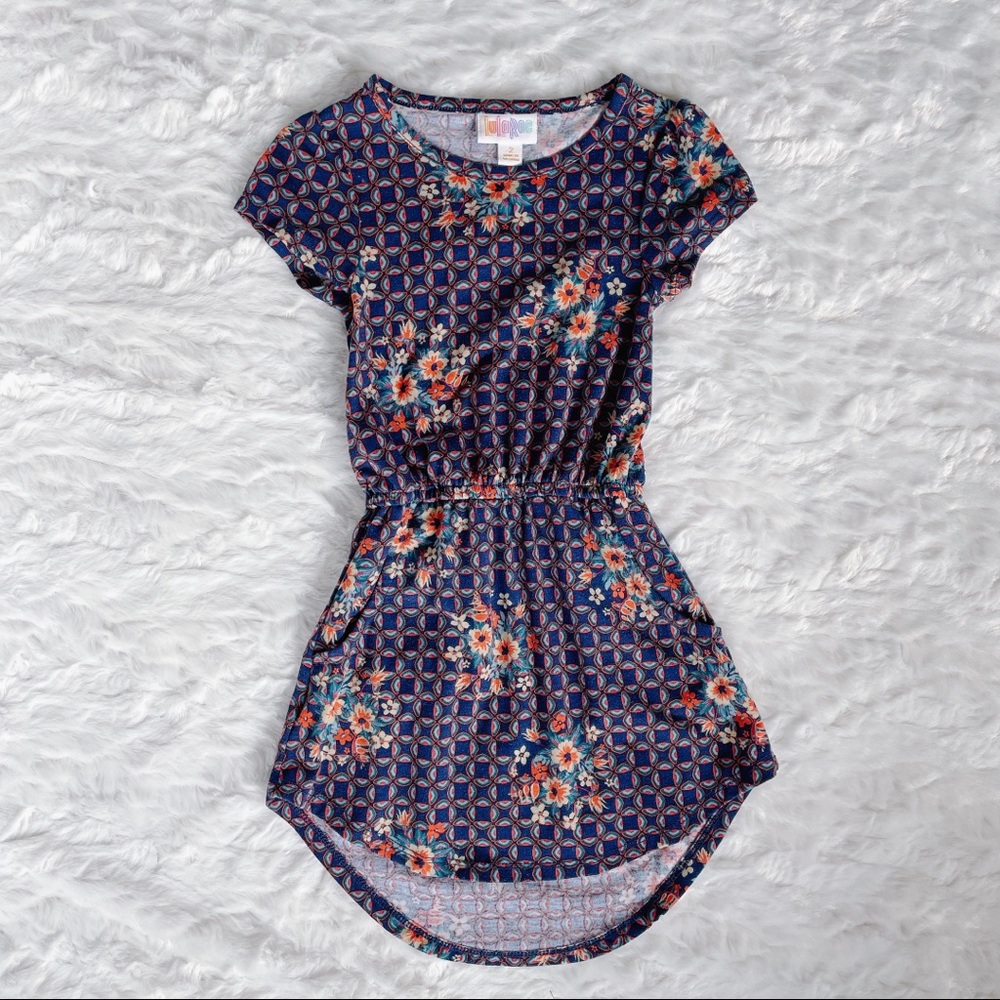 LuLaRoe Kids Mae Dress Size 2 blue floral pockets